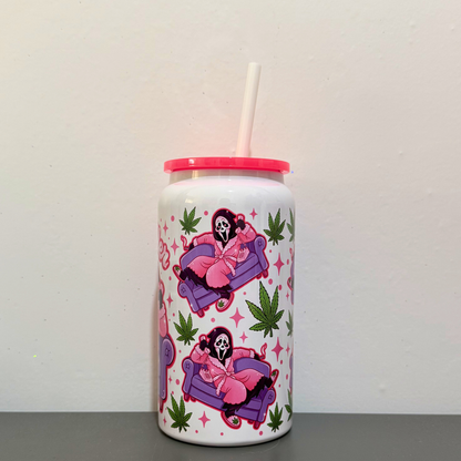 Ghostface Scream Tumbler  – Pink 420 Weed-Themed Tumbler for Smoker Girls