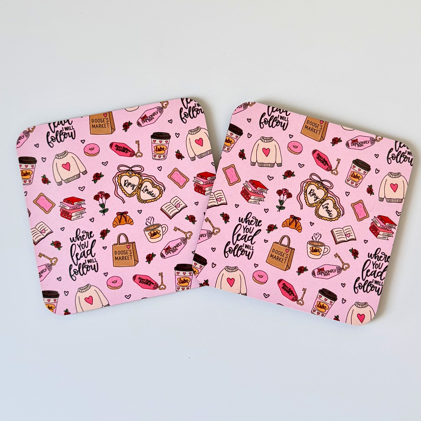 Stars Hollow Inspired Coasters – Cute Fun Pink Drink Coasters | TV Show Fan Gift