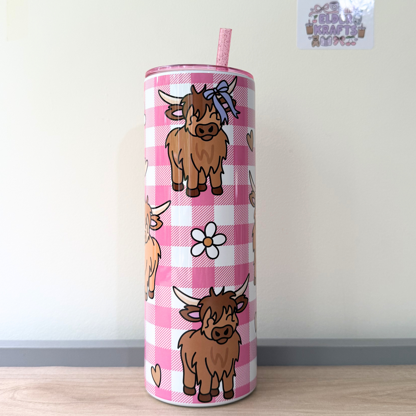 Pink Highland Cow Scottish Travel Tumbler | Cute Girly Insulated Travel Mug