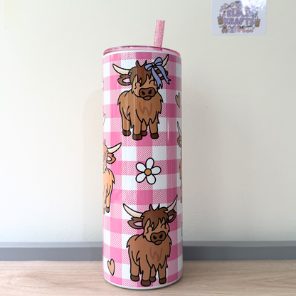 Pink Highland Cow Scottish Travel Tumbler | Cute Girly Insulated Travel Mug