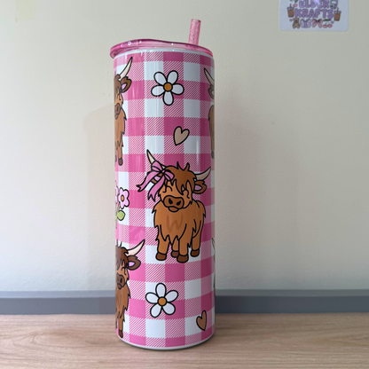 Pink Highland Cow Scottish Travel Tumbler | Cute Girly Insulated Travel Mug