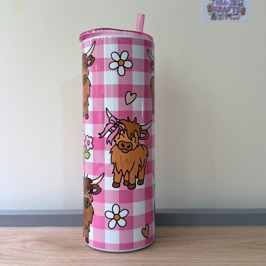 Pink Highland Cow Scottish Travel Tumbler | Cute Girly Insulated Travel Mug