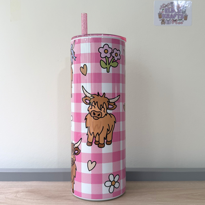 Pink Highland Cow Scottish Travel Tumbler | Cute Girly Insulated Travel Mug