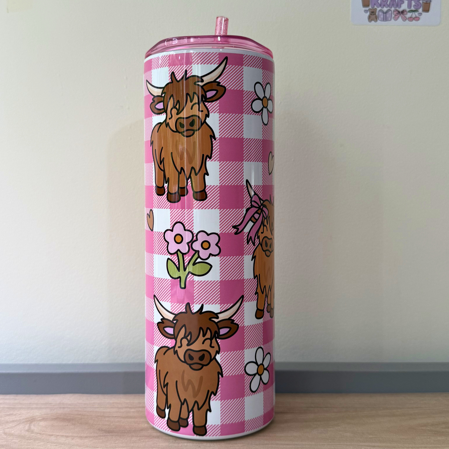 Pink Highland Cow Scottish Travel Tumbler | Cute Girly Insulated Travel Mug