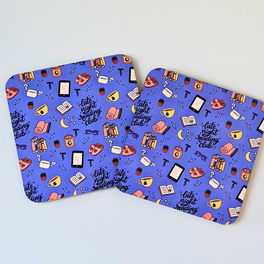 Late Night Reading Club Coasters – Cute Bookish Drink Coasters | Cozy Reader Gift