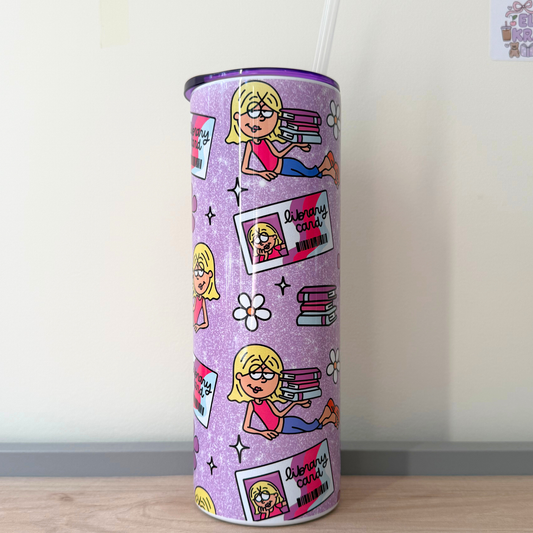 Pink Lizzie McGuire Inspired Library Card Travel Tumbler with Books | Retro Book Lover Insulated Mug