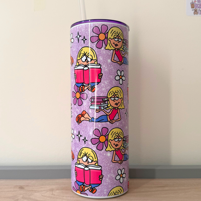 Pink Lizzie McGuire Inspired Library Card Travel Tumbler with Books | Retro Book Lover Insulated Mug