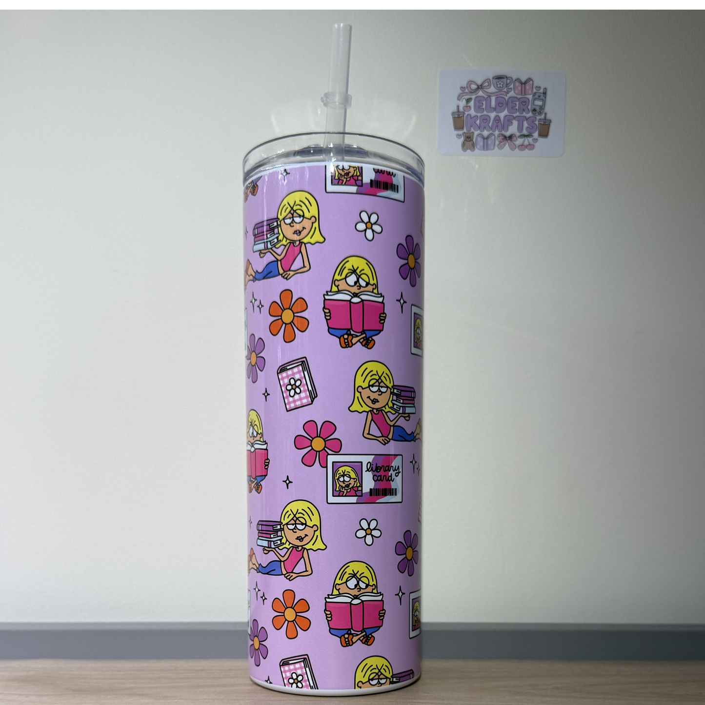 Pink Lizzie McGuire Inspired Library Card Travel Tumbler with Books | Retro Book Lover Insulated Mug