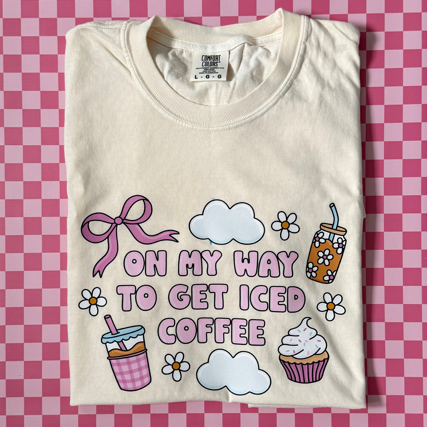 On My Way to Get Iced Coffee Shirt | Cute Ivory Graphic T-Shirt | Coquette Coffee Lover Tee | Aesthetic Summer Coffee Shirt