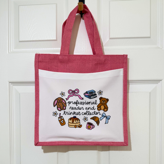 Pink Jute Tote Bag – “Professional Reader & Trinket Collector” Cotton Front Pocket Bag
