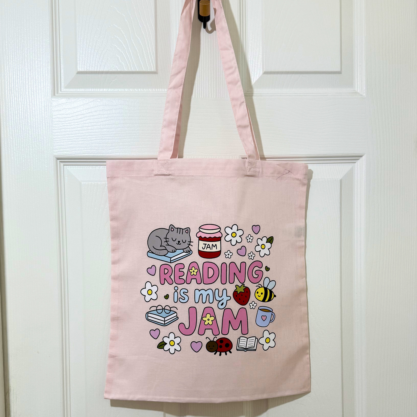 Pink Cotton “Reading Is My Jam” Tote Bag – Cute Cats & Books Design | Book Lover Gift, Aesthetic Reusable Shopper