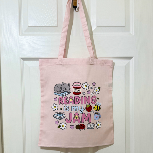 Pink Cotton “Reading Is My Jam” Tote Bag – Cute Cats & Books Design | Book Lover Gift, Aesthetic Reusable Shopper