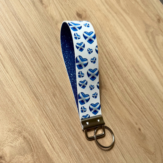 Scottish Blue Glitter Keychain Wristlet – Love Heart Scotland Inspired Key Ring Strap, Cute Sparkly Bag Charm Wrist Lanyard