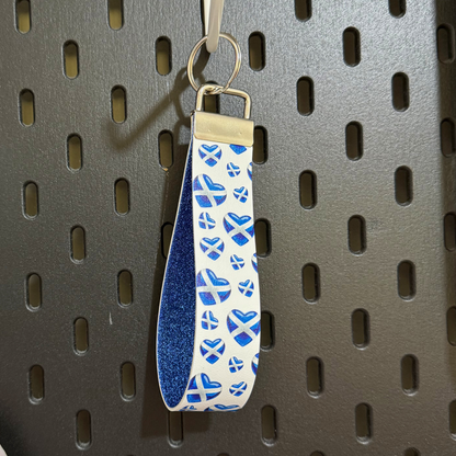 Scottish Blue Glitter Keychain Wristlet – Love Heart Scotland Inspired Key Ring Strap, Cute Sparkly Bag Charm Wrist Lanyard