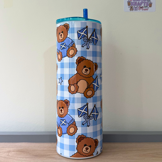 Blue Scottish Travel Tumbler with Cute Bears, Scotland Flags & Bows | Insulated Travel Mug