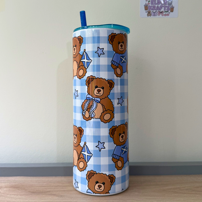 Blue Scottish Travel Tumbler with Cute Bears, Scotland Flags & Bows | Insulated Travel Mug