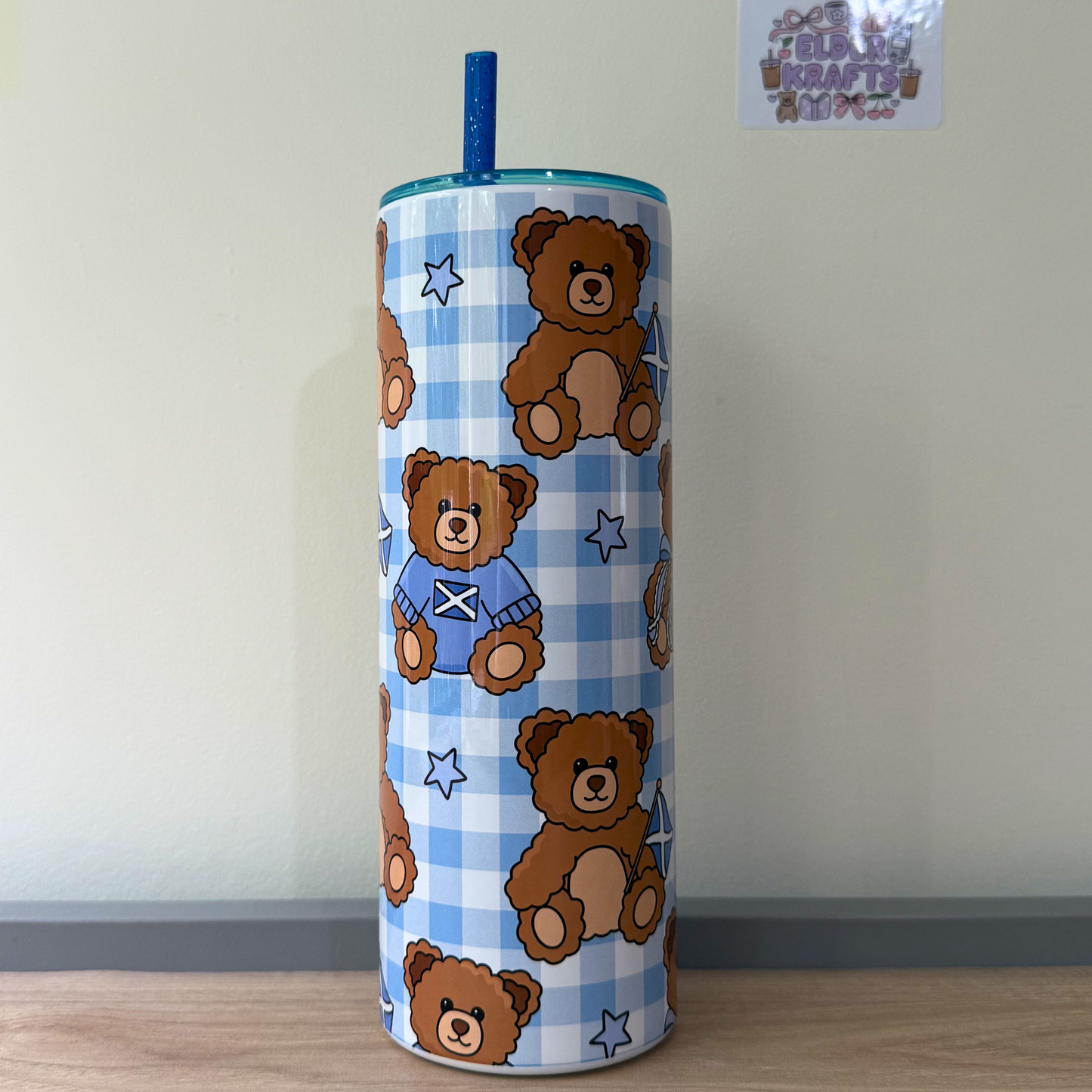 Blue Scottish Travel Tumbler with Cute Bears, Scotland Flags & Bows | Insulated Travel Mug