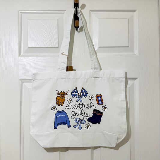 White “Scottish Girl” Cotton Tote Bag – Highland Cow & Scotland Flag Design | Scottish Gift, Reusable Shopper