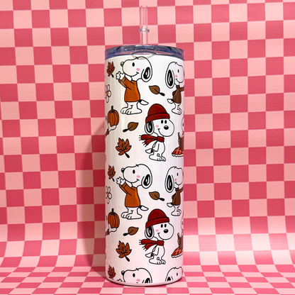 Snoopy Inspired Travel Tumbler Cup | 20oz Insulated Stainless Steel Coffee Cup with Lid | Cute Cartoon Drink Tumbler Gift