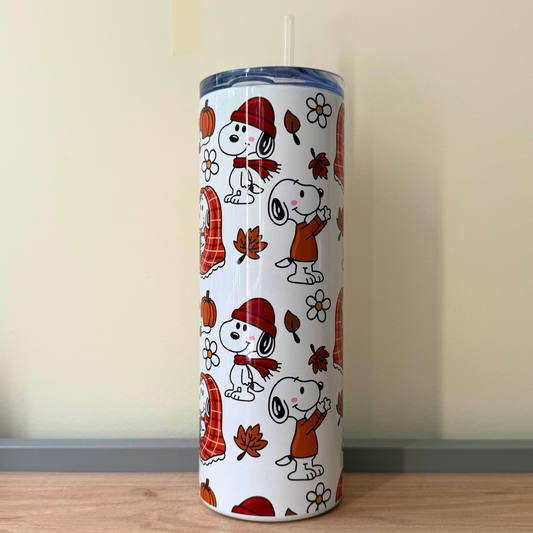 Snoopy Inspired Travel Tumbler Cup | 20oz Insulated Stainless Steel Coffee Cup with Lid | Cute Cartoon Drink Tumbler Gift