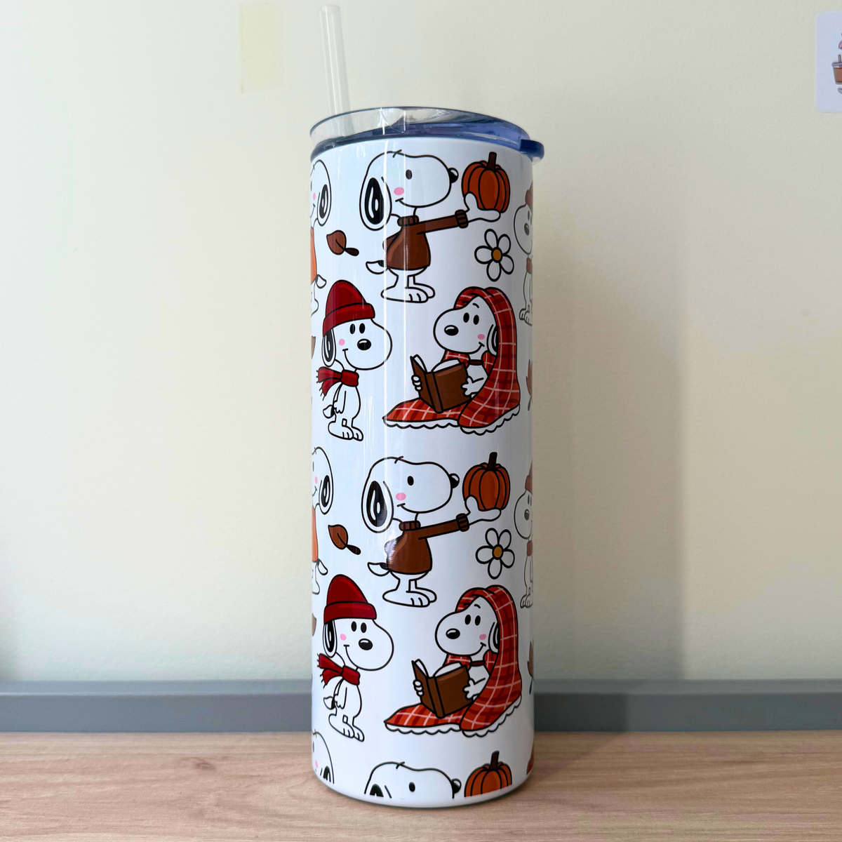 Snoopy Inspired Travel Tumbler Cup | 20oz Insulated Stainless Steel Coffee Cup with Lid | Cute Cartoon Drink Tumbler Gift
