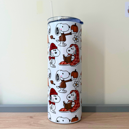Snoopy Inspired Travel Tumbler Cup | 20oz Insulated Stainless Steel Coffee Cup with Lid | Cute Cartoon Drink Tumbler Gift