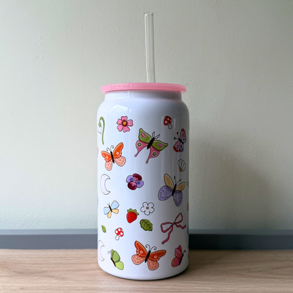 Girly Butterfly Steel Can Cup – Aesthetic Spring Summer Iced Coffee Tumbler with Lid