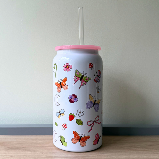 Girly Butterfly Steel Can Cup – Aesthetic Spring Summer Iced Coffee Tumbler with Lid