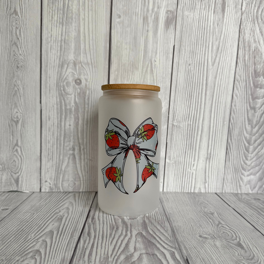 Strawberry Bow Glass Can – Cute Aesthetic Cup | Elder Krafts