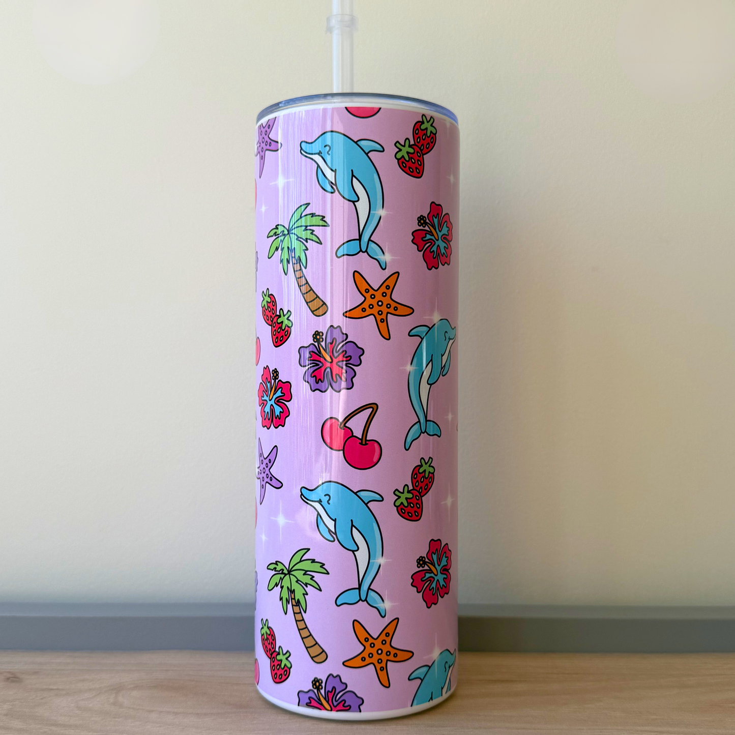 Cute Dolphin Summer Vibes Tumbler – Girly Aesthetic Insulated Travel Cup, Ocean Beach Pastel Drink Bottle with Straw Lid