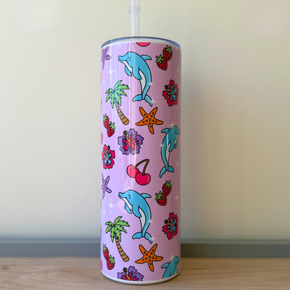 Cute Dolphin Summer Vibes Tumbler – Girly Aesthetic Insulated Travel Cup, Ocean Beach Pastel Drink Bottle with Straw Lid