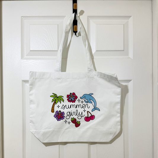 White Cotton “Summer Girlie” Tote Bag – Cute Beach Vibes Aesthetic | Hot Girl Summer Bag, Reusable Shopper