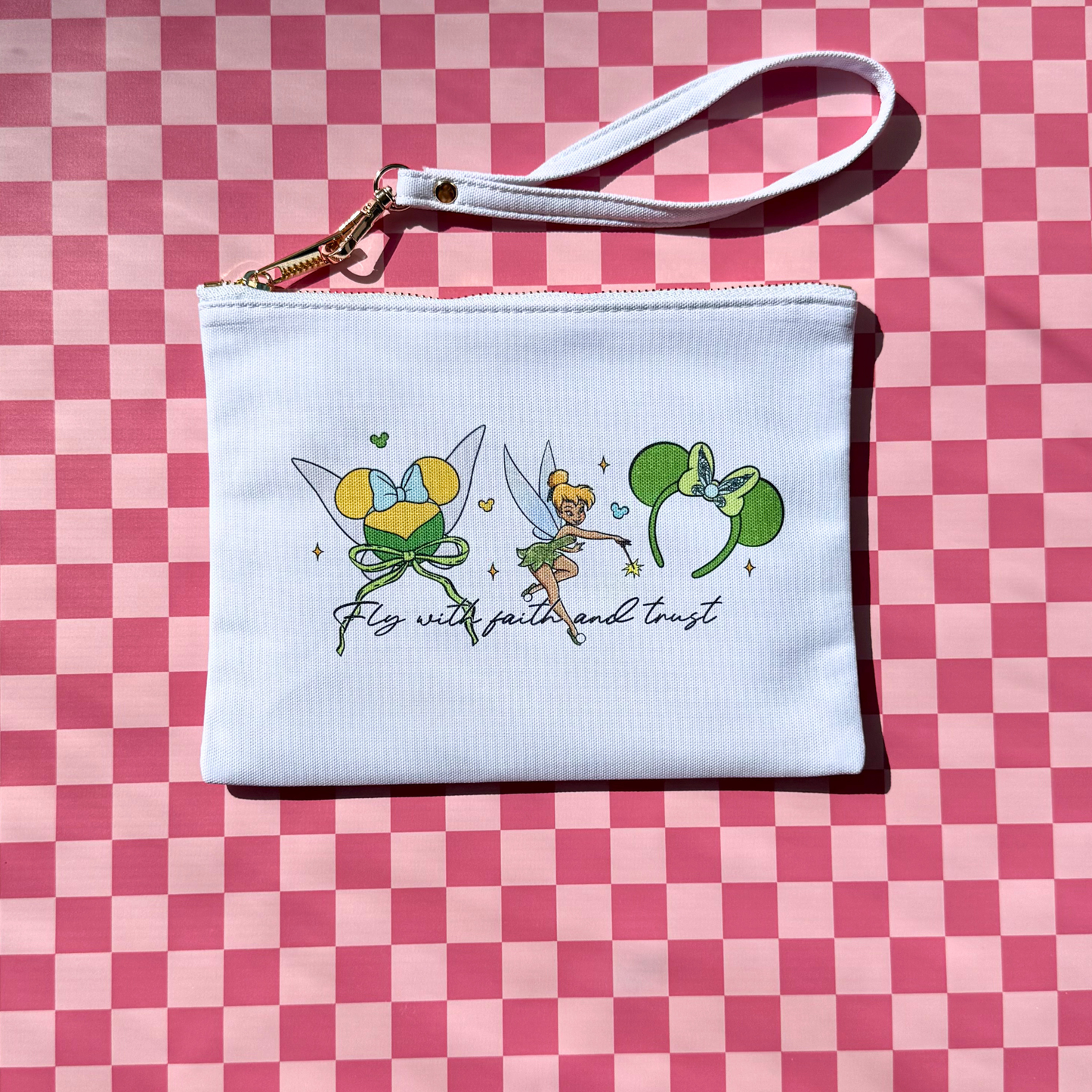 Tinker Bell Inspired Cosmetic Makeup Pouch – Travel Beauty Bag with Gold Zip & Wrist Strap